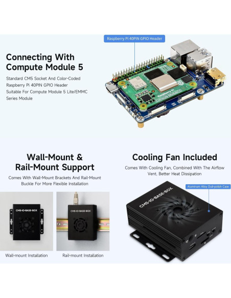 Placa Base Mini Waveshare CM5 con Caja Metal y Fuente 5V 5A