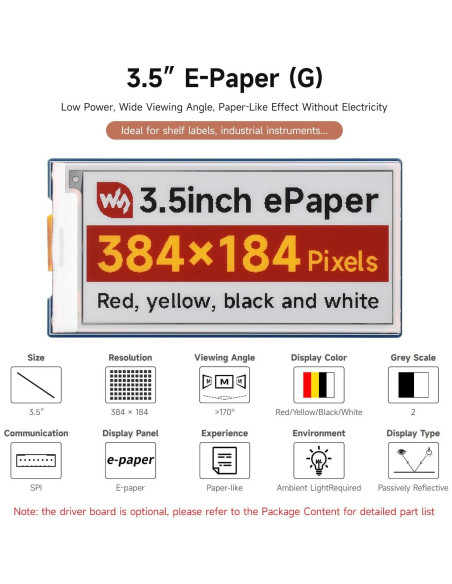 Pantalla E-Paper 3.5" Waveshare G, 384x184 píxeles, Rojo/Amarillo/Negro/Blanco