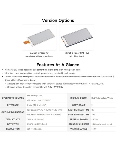 Pantalla E-Paper 3.5" Waveshare G, 384x184 píxeles, Rojo/Amarillo/Negro/Blanco