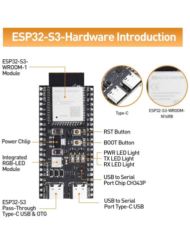 Placa de Desarrollo Aideepen ESP32 S3 DevKitC1 N16R8 Wi-Fi BT