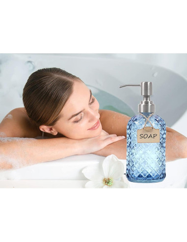 Dispensador de Jabón de Vidrio Azul Funly mee 473 ml Acero Inoxidable