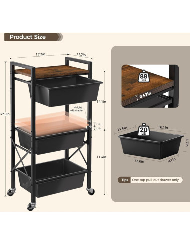 Carro de Almacenamiento Rodante Time Forest 3 Niveles Negro