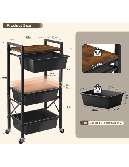 Carro de Almacenamiento Rodante Time Forest 3 Niveles Negro
