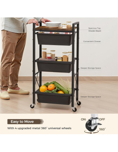 Carro de Almacenamiento Rodante Time Forest 3 Niveles Negro