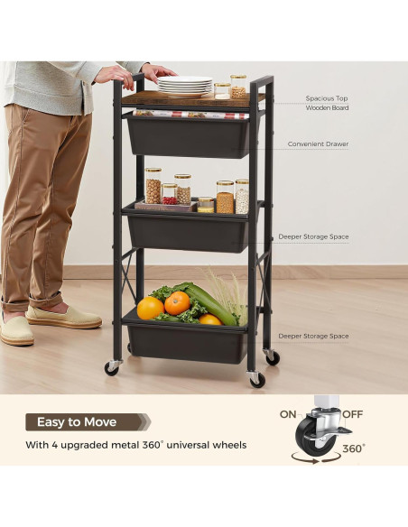 Carro de Almacenamiento Rodante Time Forest 3 Niveles Negro