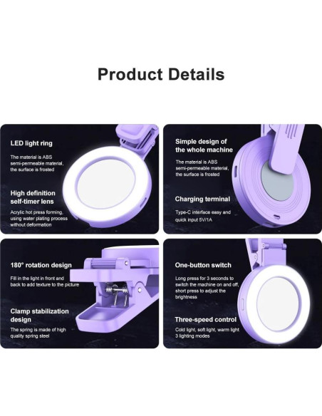Luz de Anillo Selfie Andoer Clip-on con Espejo 3 Modos