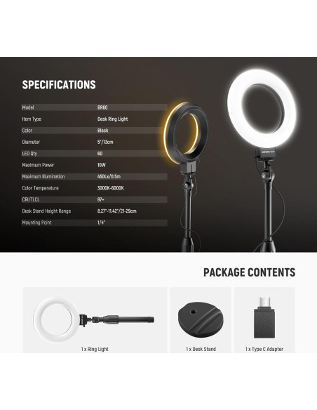 Luz de Anillo LED NEEWER BR60 10W Ajustable para Selfies
