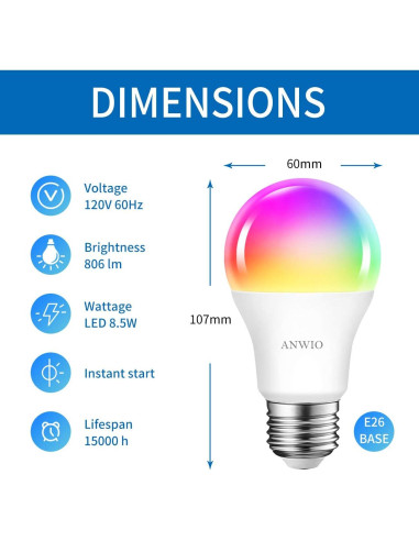 Bombillas Inteligentes ANWIO 8.5W E26 Paquete de 2 Control Wifi