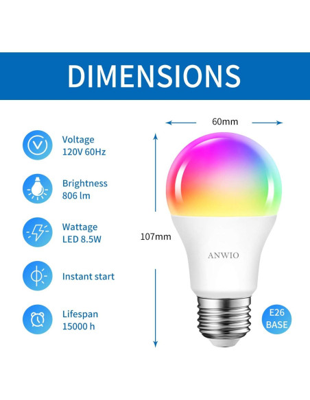 Bombillas Inteligentes ANWIO 8.5W E26 Paquete de 2 Control Wifi