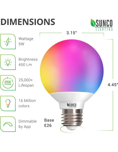 Bombillas Inteligentes G25 LED Sunco, 5W, RGB, Dimmables, 2 Pzas