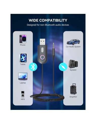 Adaptador Bluetooth 5.3 DAMAIKE AUX 3.5mm USB para coche
