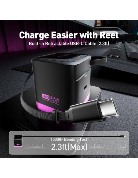 Cargador iWALK 65W GaN con Cable Retráctil USB-C Plegable