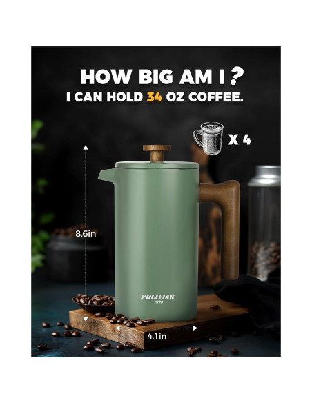 Cafetera Prensa Francesa POLIVIAR 1006 ml Acero Inoxidable Verde