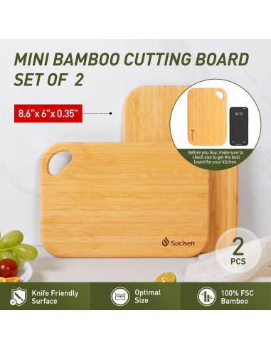 2 Tablas de Cortar Mini de Bambú Socisen 21.8x15.2cm Ecológicas