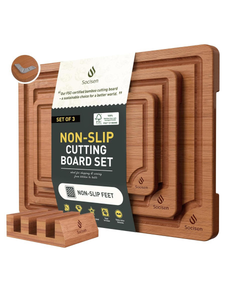 Juego de 3 Tablas de Cortar de Bambú Socisen Antideslizante