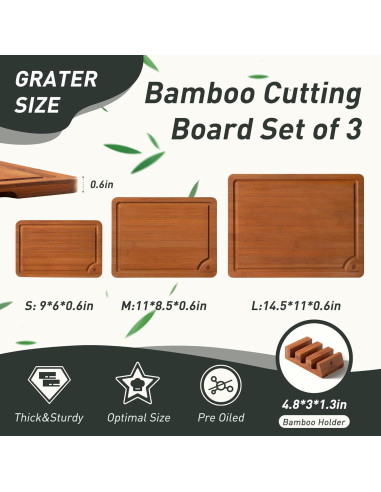 Juego de 3 Tablas de Cortar de Bambú Socisen Antideslizante