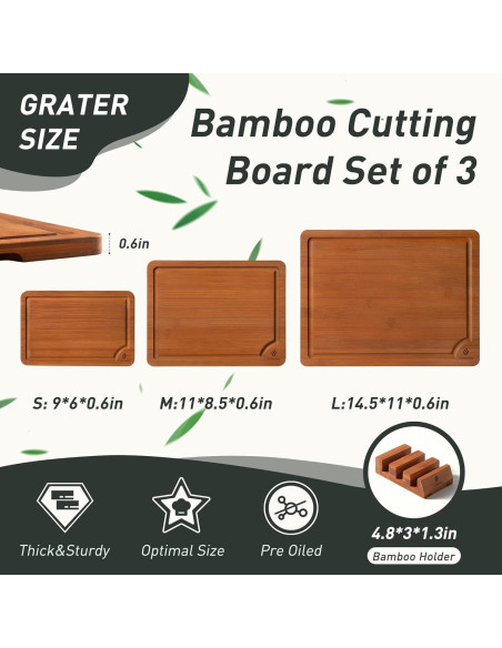 Juego de 3 Tablas de Cortar de Bambú Socisen Antideslizante