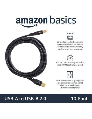Cable USB 2.0 A-Macho a B-Macho Amazon Basics 3m Negro