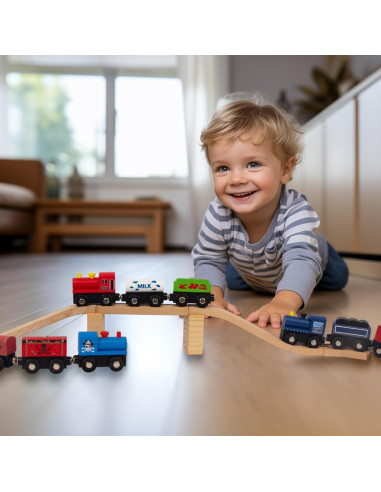 Juegos de trenes de madera WoodenEdu, 9 piezas magnéticas