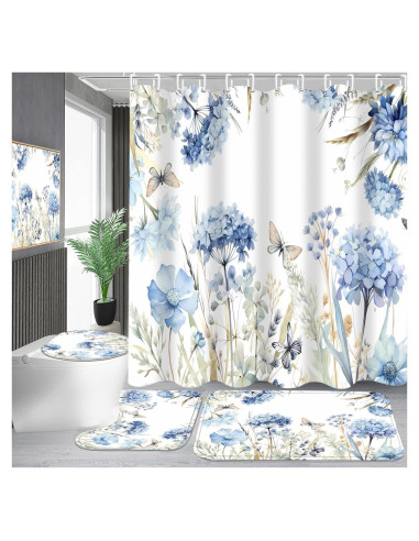 Juego de baño 4 piezas Pretyw con cortina floral azul