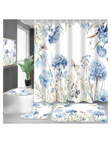 Juego de baño 4 piezas Pretyw con cortina floral azul