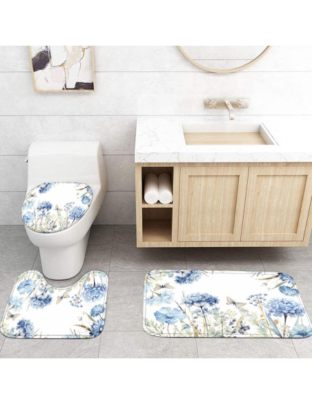 Juego de baño 4 piezas Pretyw con cortina floral azul