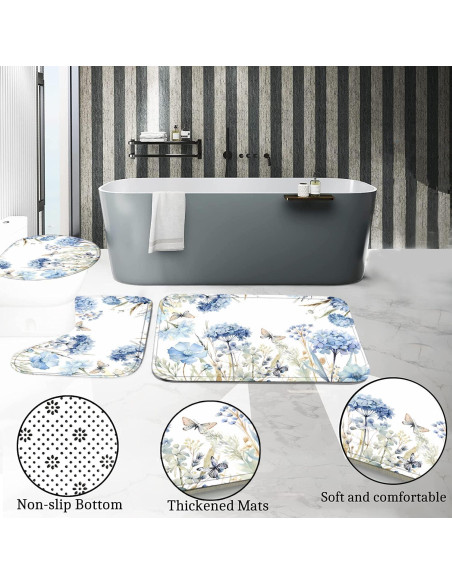 Juego de baño 4 piezas Pretyw con cortina floral azul