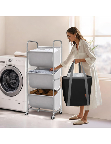 Cesta de Ropa Vertical Rodante STORAGE MANIAC 120L Gris 3 Niveles