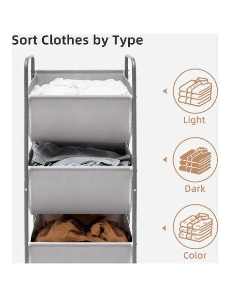 Cesta de Ropa Vertical Rodante STORAGE MANIAC 120L Gris 3 Niveles