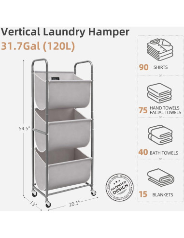 Cesta de Ropa Vertical Rodante STORAGE MANIAC 120L Gris 3 Niveles