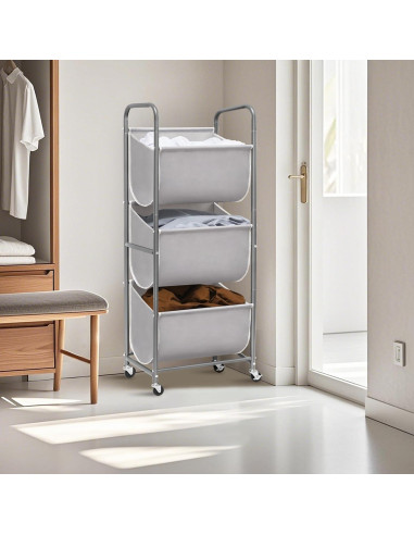 Cesta de Ropa Vertical Rodante STORAGE MANIAC 120L Gris 3 Niveles