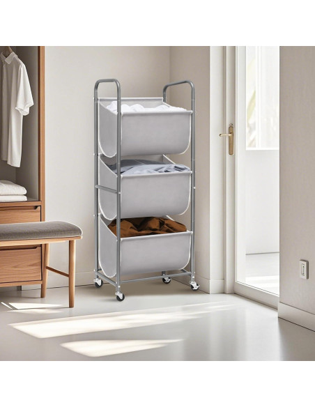 Cesta de Ropa Vertical Rodante STORAGE MANIAC 120L Gris 3 Niveles