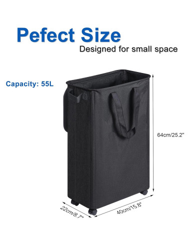 Cesta de Ropa Slim Vincona 55L con Tapa y Ruedas Negra
