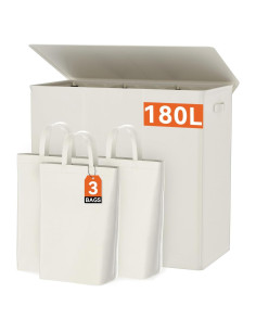 Cesto de Ropa 180L WOWLIVE con Tapa y 3 Compartimentos Beige