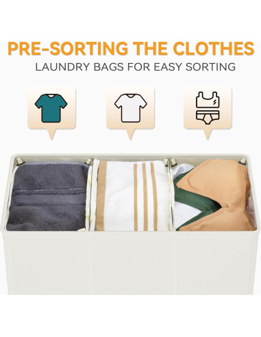 Cesto de Ropa 180L WOWLIVE con Tapa y 3 Compartimentos Beige