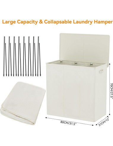 Cesto de Ropa 180L WOWLIVE con Tapa y 3 Compartimentos Beige