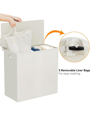 Cesto de Ropa 180L WOWLIVE con Tapa y 3 Compartimentos Beige