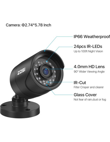 Cámara de Seguridad ZOSI 4x2MP 1080p IP66 Visión Nocturna
