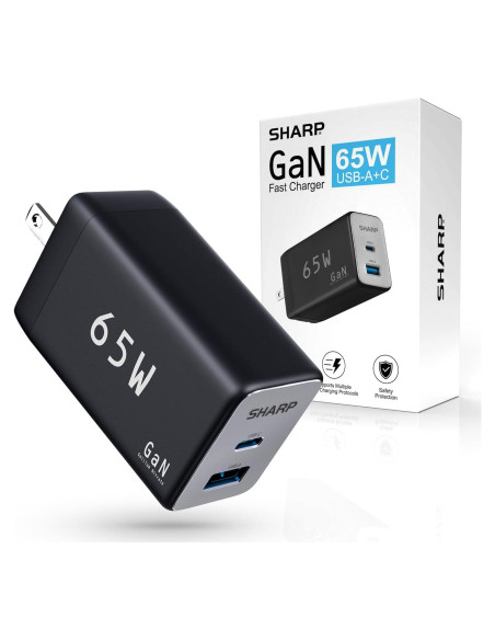 Cargador USB-C Sharp 65W Doble Puerto Carga Rápida GaN Negro