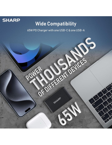 Cargador USB-C Sharp 65W Doble Puerto Carga Rápida GaN Negro