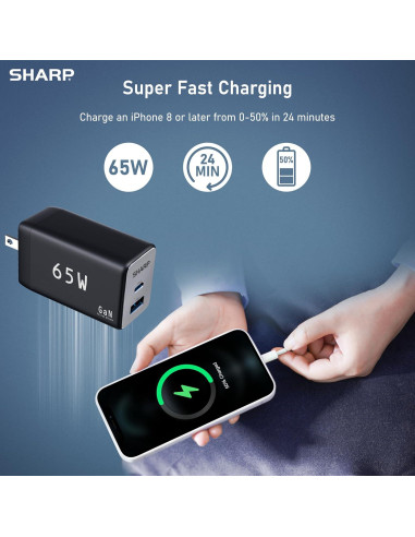 Cargador USB-C Sharp 65W Doble Puerto Carga Rápida GaN Negro