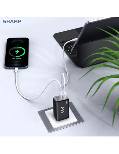 Cargador USB-C Sharp 65W Doble Puerto Carga Rápida GaN Negro