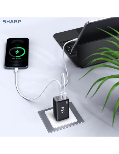 Cargador USB-C Sharp 65W Doble Puerto Carga Rápida GaN Negro
