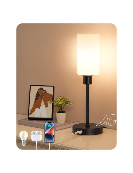 Lámpara de Mesa EDISHINE de Vidrio 40 cm con Control Táctil y USB