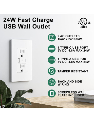 Enchufe de Pared USB Brilltech 4.8A 15A Blanco 1 Paquete