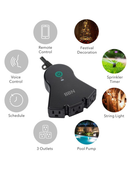 Enchufe Inteligente HBN para Exterior IP44, 3 Enchufes Controlados por Voz