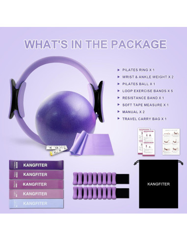 Kit de Pilates Completo 11 Pcs KANGFITER - Anillo, Pelota, Pesas