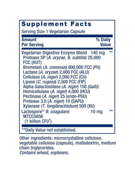 Enzimas Digestivas Mejoradas Life Extension - 10 Enzimas + Probiotico B. coagulans - 60 Cápsulas