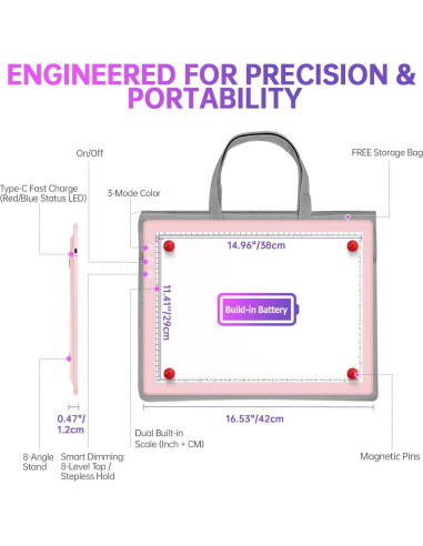 Caja de Luz LED Recargable ZEXALIGHT A3 Rosa 42x32cm