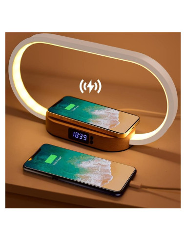 Lámpara de Mesa Donewin con Cargador Inalámbrico 15W y Reloj